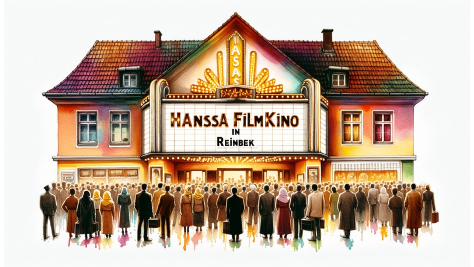 Vintage-Stil Hansa Filmkino in Reinbek mit leuchtender Leuchtreklame und wartenden Kinobesuchern, illustriert im Watercolor-Stil.