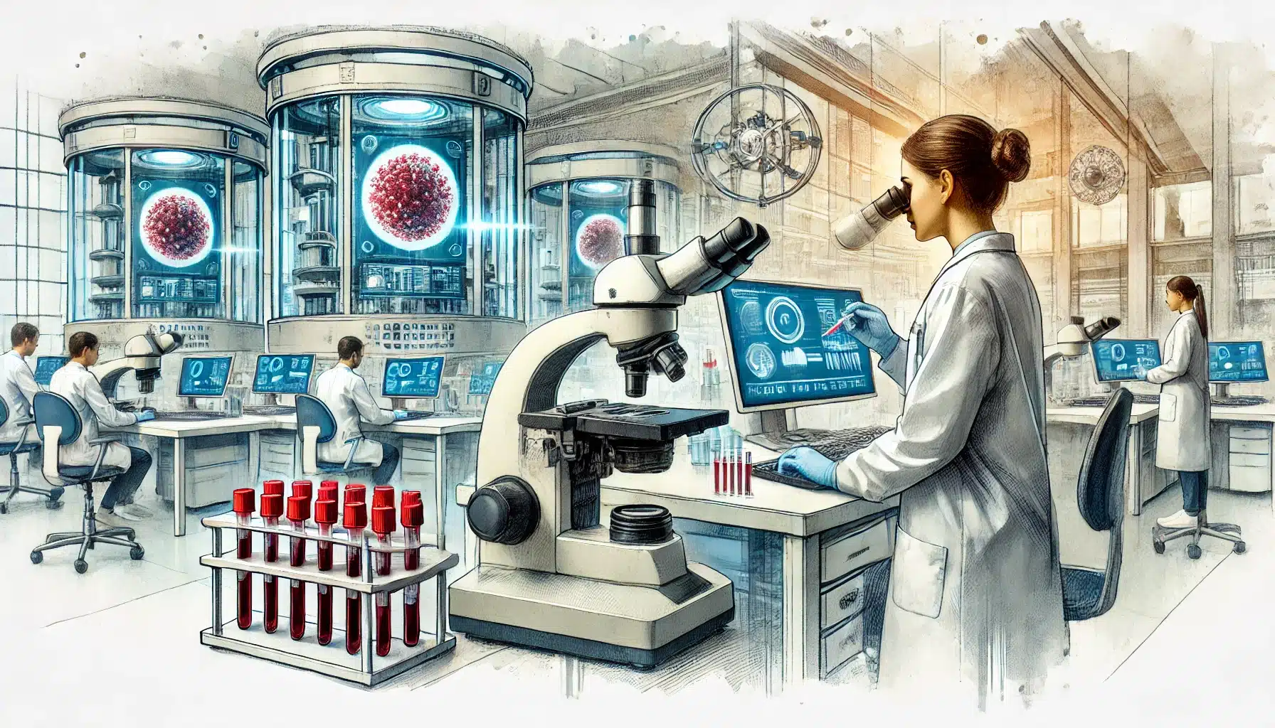 Moderne Laborärzte in Reinbek analysieren Blutproben mit Hightech-Diagnosegeräten in einem spezialisierten Labor.