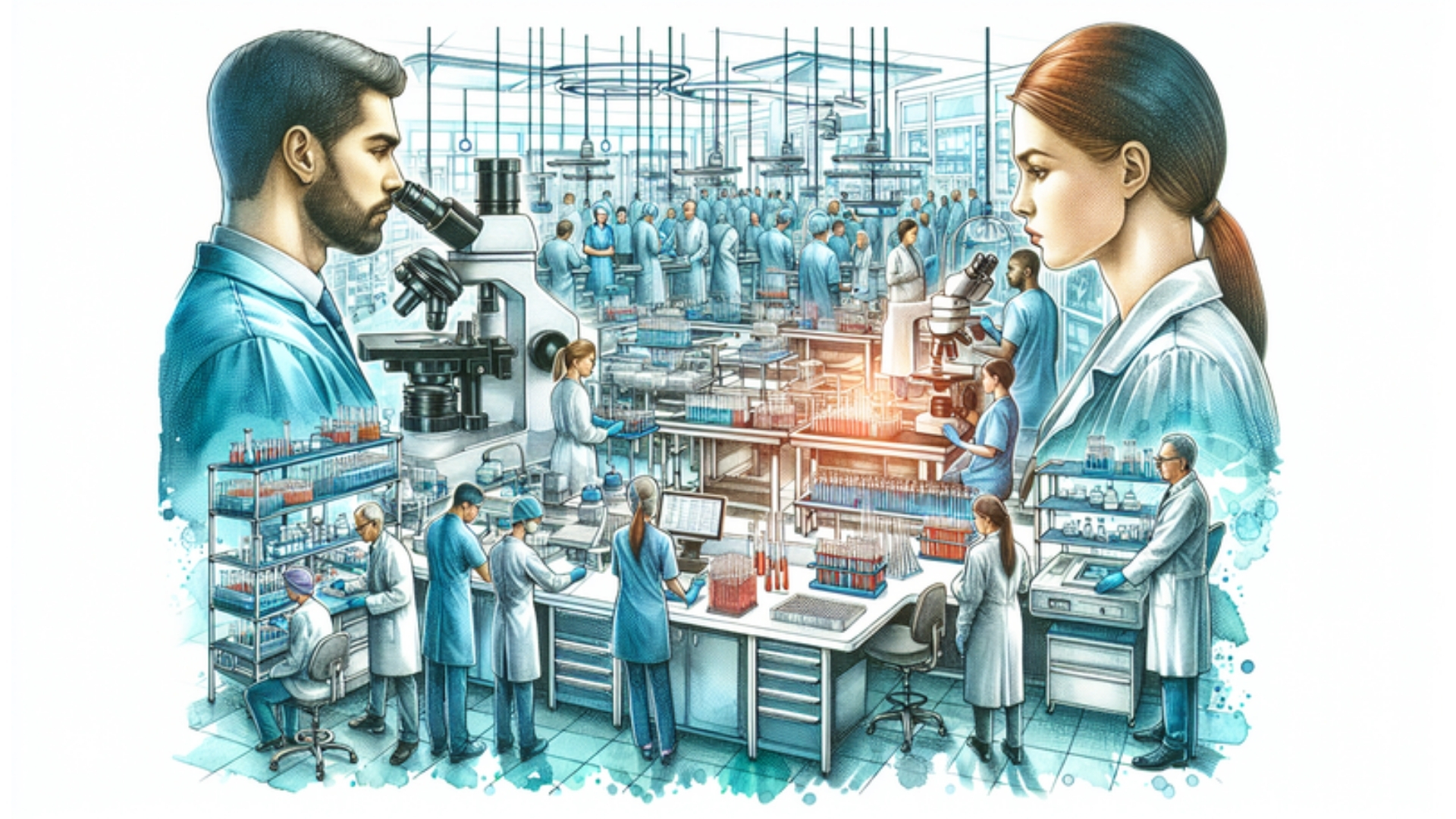 Moderne Laborumgebung in Reinbek mit Laboratoriumsmedizinern und fortschrittlicher Labortechnologie in Aquarellstil.