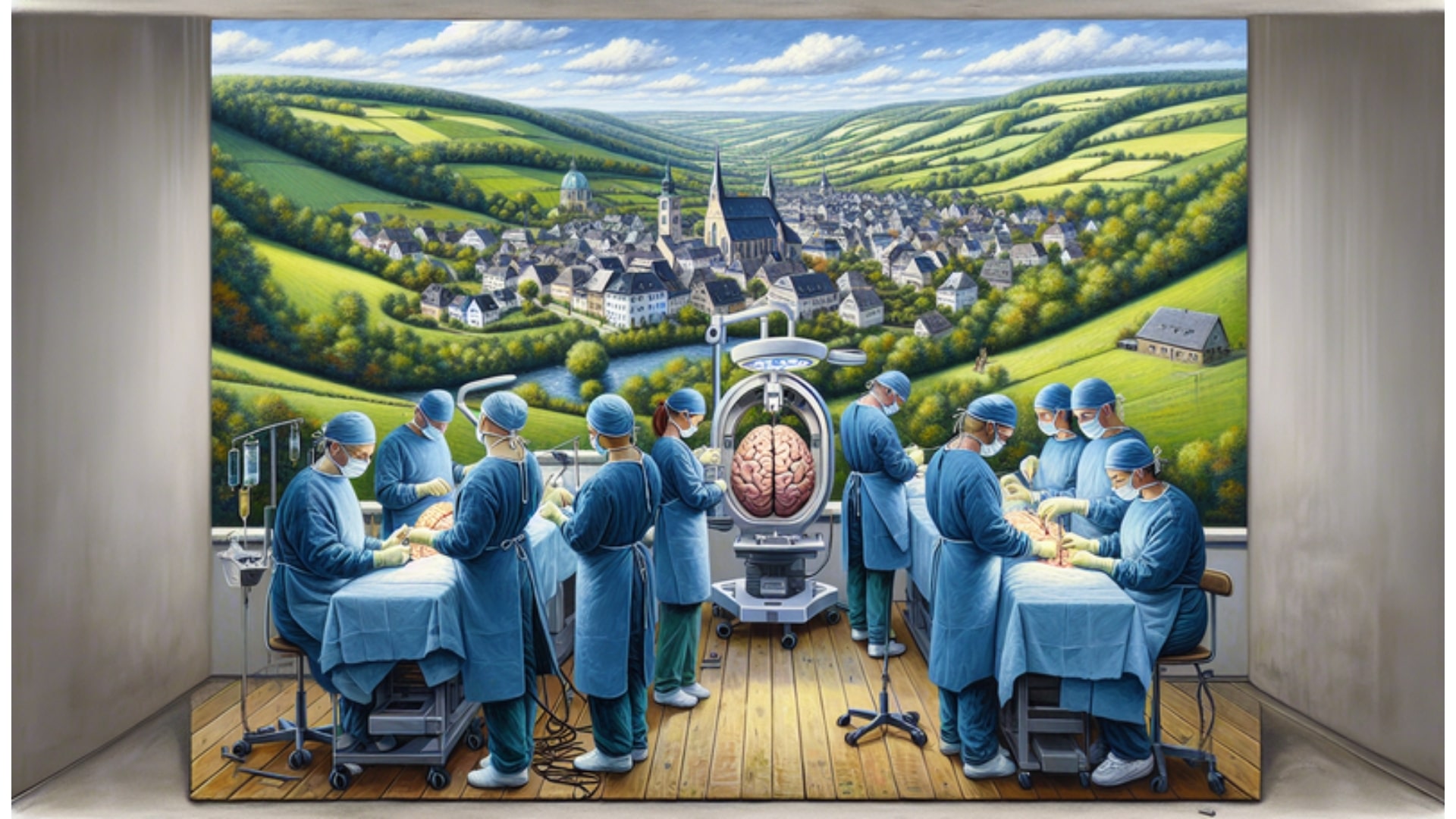 Neurochirurgie Klinik in Reinbek mit einem Team von Chirurgen und einer Kleinstadtlandschaft im Hintergrund, dargestellt im Aquarellstil.