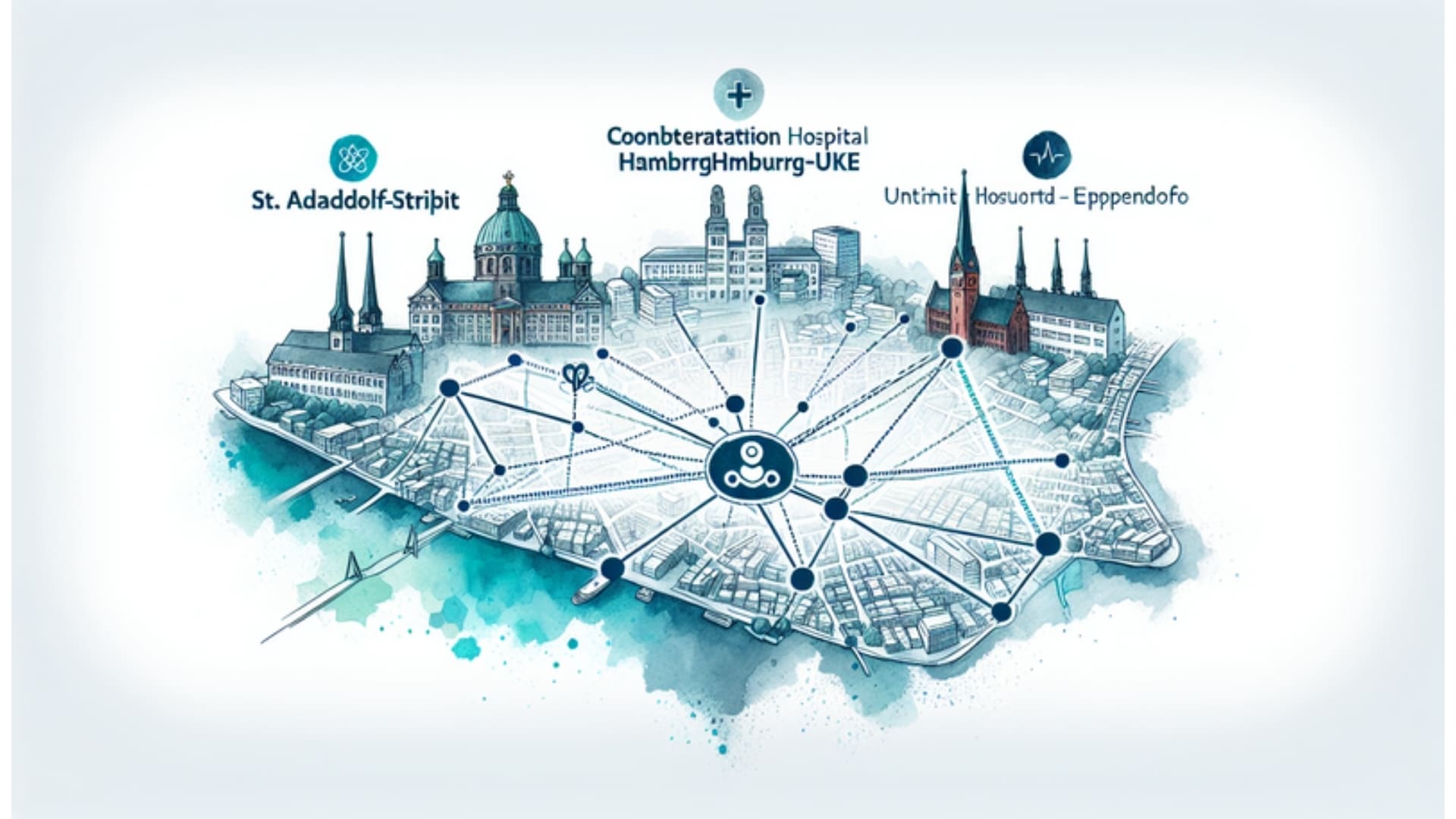 Illustration einer stilisierten Karte von Reinbek im Wasserfarbenstil, die das St. Adolf-Stift und seine Kooperation mit dem UKE zeigt, im medizinischen Netzwerk verknüpft.