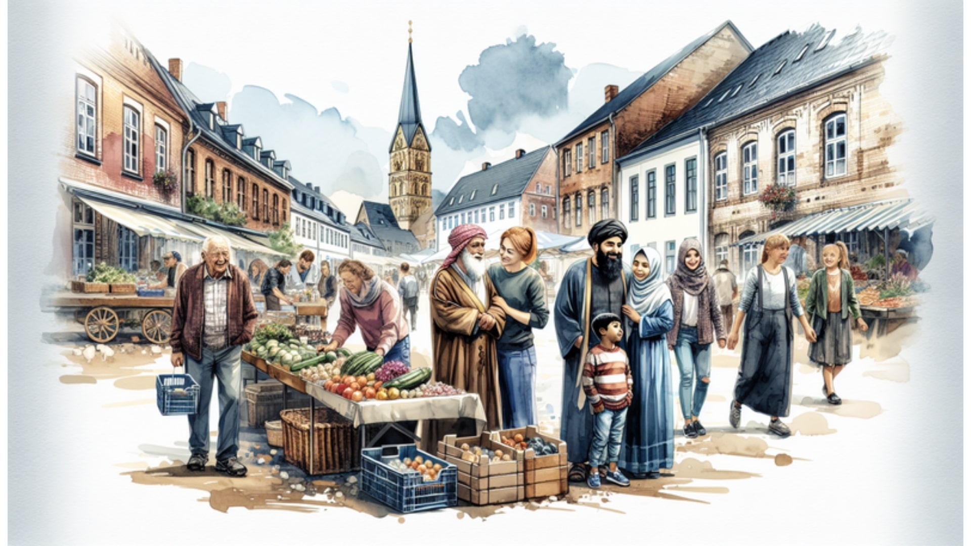 Aquarellbild einer multikulturellen Gemeinschaft auf einem Wochenmarkt in Reinbek, Schleswig-Holstein, mit historischen Gebäuden im Hintergrund.