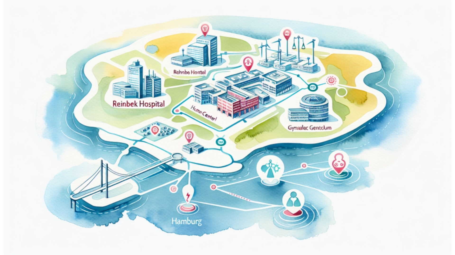 Aquarellkarte der Region Reinbek mit hervorgehobenen medizinischen Einrichtungen, die die Vernetzung des Krankenhauses Reinbek, Pränatalzentrum Hamburg und Humangenetik im Gynaekologicum darstellen.