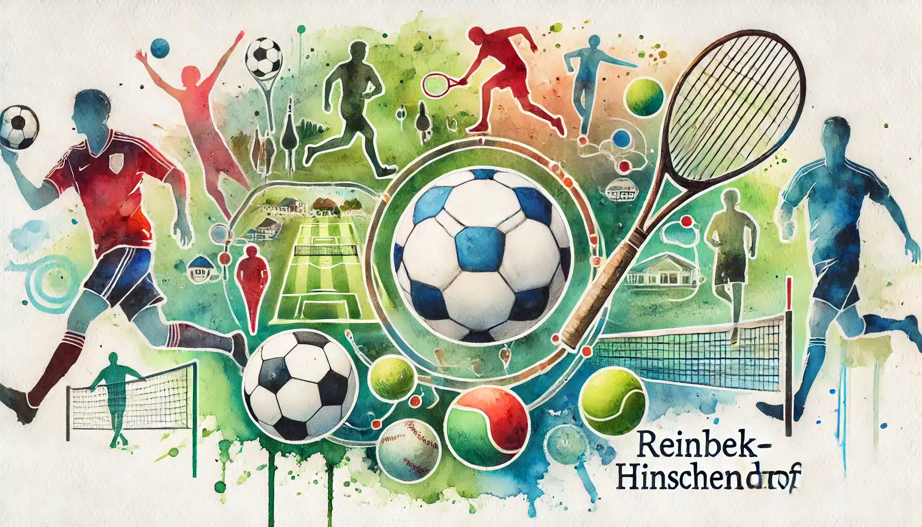 Aquarellgemälde mit Symbolen für verschiedene Sportarten in Reinbek-Hinschendorf, darunter Fußball, Tennis und Leichtathletik.