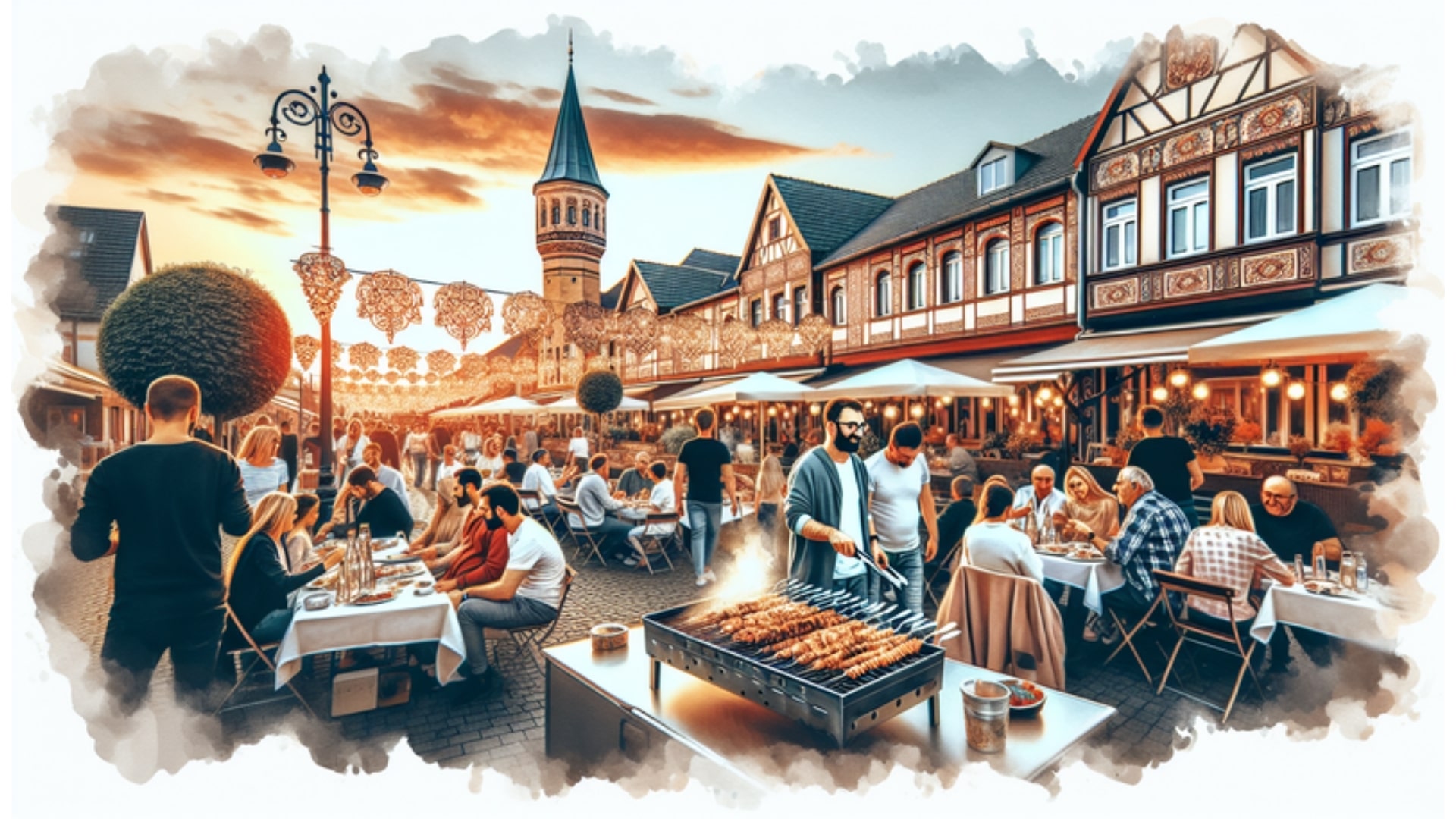 Lebhafte Szene eines türkischen Restaurants in Reinbek bei Sonnenuntergang, wo Menschen Grillgerichte genießen, mit traditionellen türkischen Ornamenten im Hintergrund, in watercolor Stil.